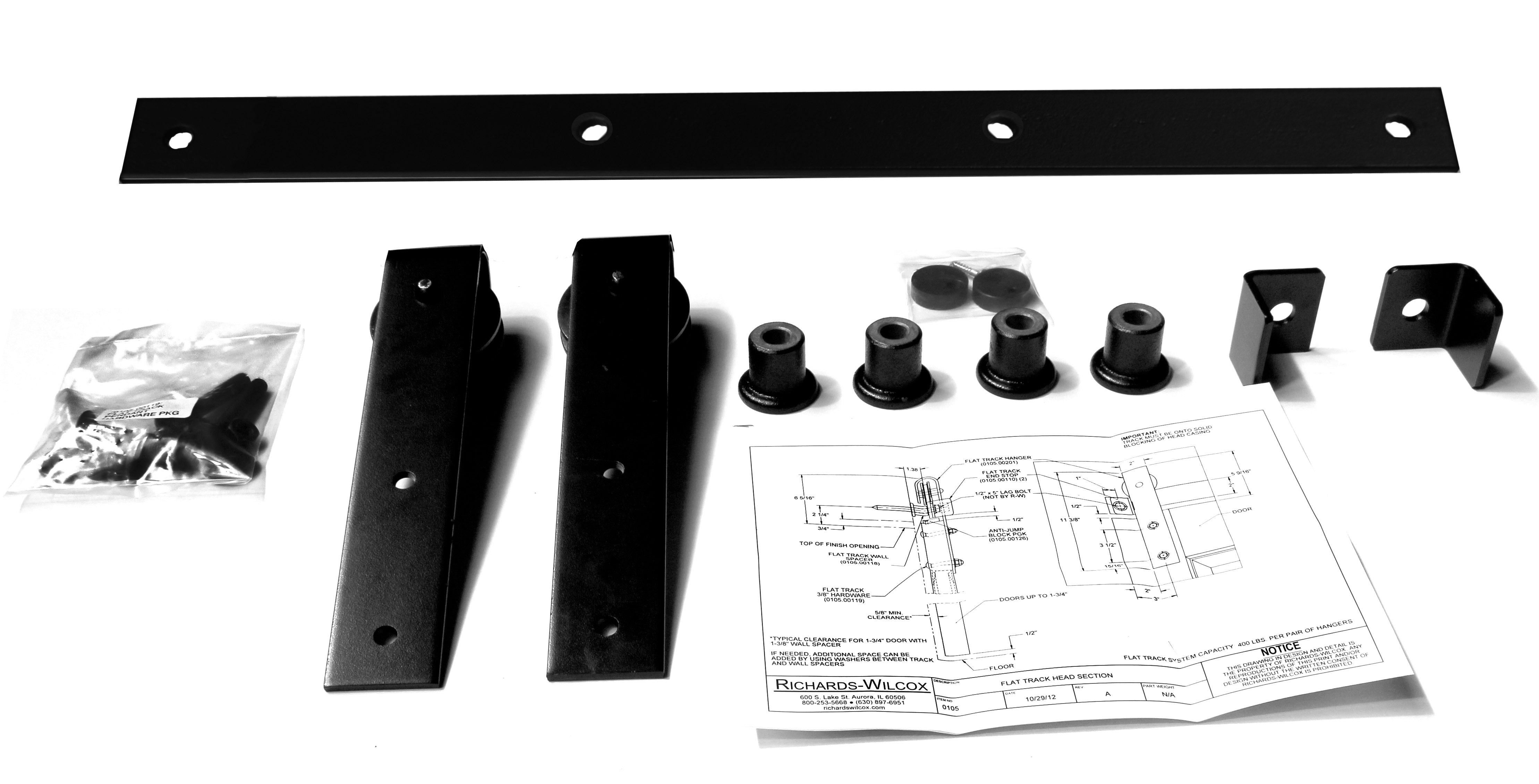 Hardware ID - 0105.02006 for Series 105 Flat Track Kit with Traditional Quiet Wheel Hangers for Single Door for 6’ – 0” Opening -Powder Coated Series 105 Flat Track Kit with Traditional Quiet Wheel Hangers for Single Door for 6’ – 0” Opening -Powder Coated