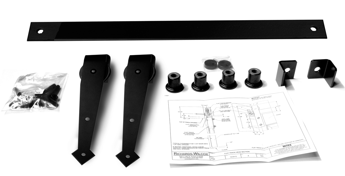 Hardware ID - 0105.02103 for Series 105 Flat Track Kit with Arrowhead Quiet Wheel Hangers for Single Door for 3’ – 0” Opening -Powder Coated Series 105 Flat Track Kit with Arrowhead Quiet Wheel Hangers for Single Door for 3’ – 0” Opening -Powder Coated