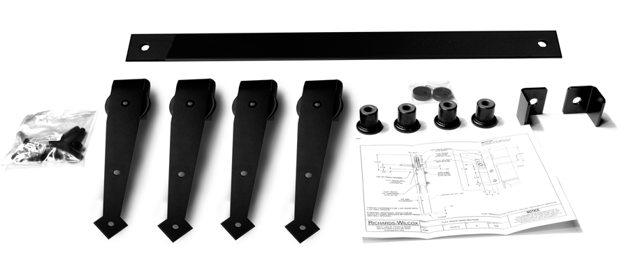 Hardware ID - 0105.02106BP for Series 105 Flat Track Kit with Arrowhead Quiet Wheel Hangers for Bi-Parting Doors for 6’ – 0” Opening -Powder Coated Series 105 Flat Track Kit with Arrowhead Quiet Wheel Hangers for Bi-Parting Doors for 6’ – 0” Opening -Powder Coated