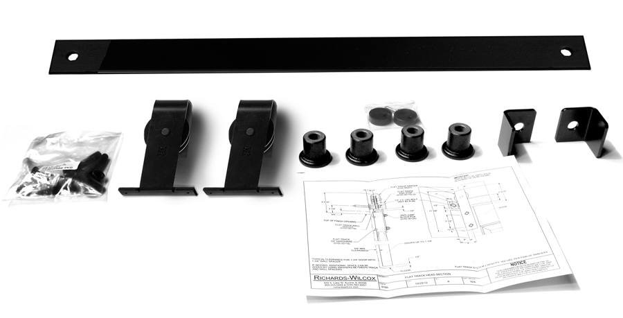 Hardware ID - 0105.02306 for Series 105 Flat Track Kit with Top Mount Quiet Wheel Hangers for Single Door for 6’ – 0” Opening – Powder Coated Series 105 Flat Track Kit with Top Mount Quiet Wheel Hangers for Single Door for 6’ – 0” Opening – Powder Coated